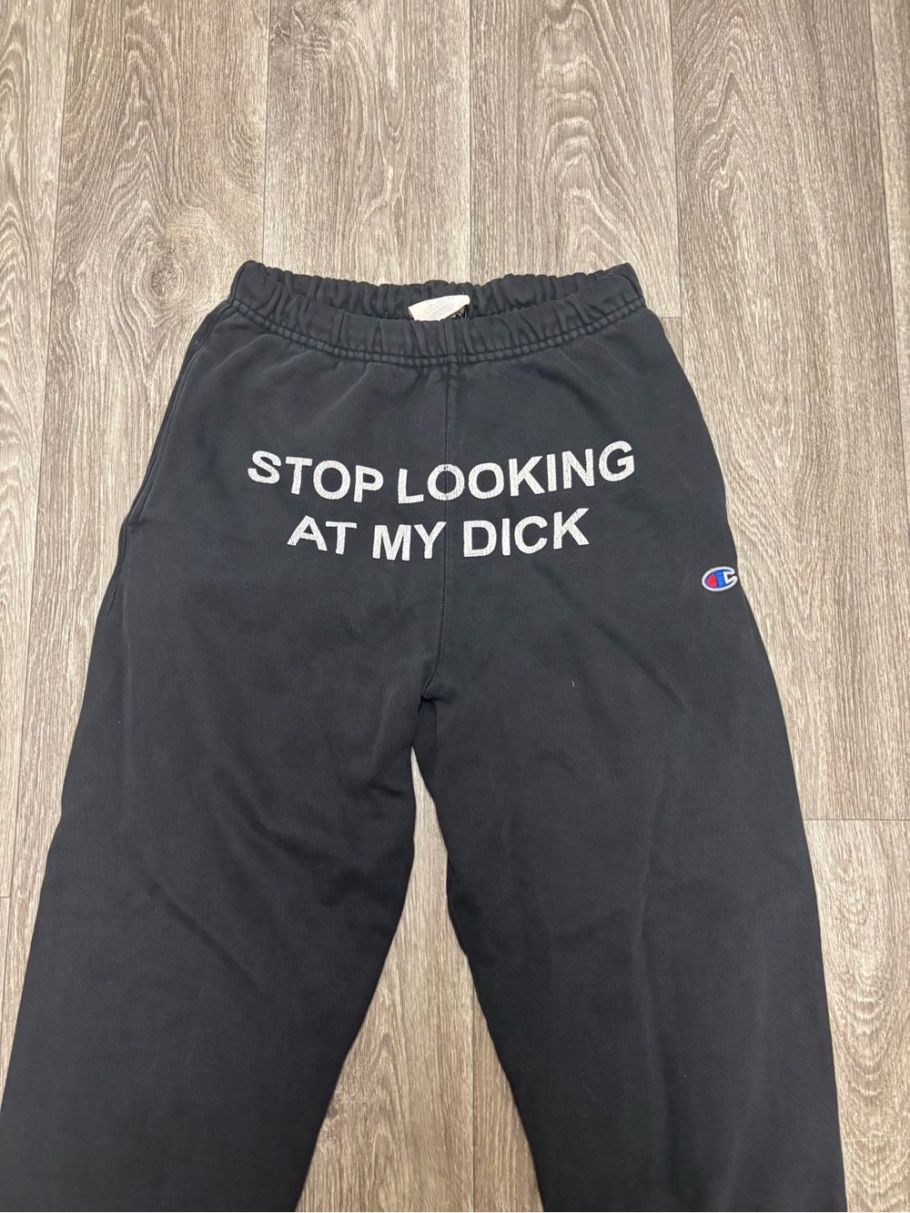 Champion Reverse Weave Black Graphic Sweatpants “Stop Looking At My Dick” S